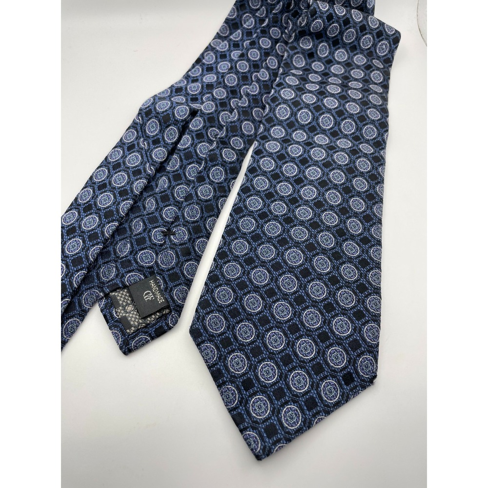 Daniel De Fasson Studio Mens Silk Tie Navy Blue Lavender Geometric Medallion